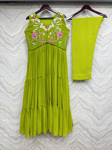 Graceful Parrot Green Color Ruffle Anarkali Suit