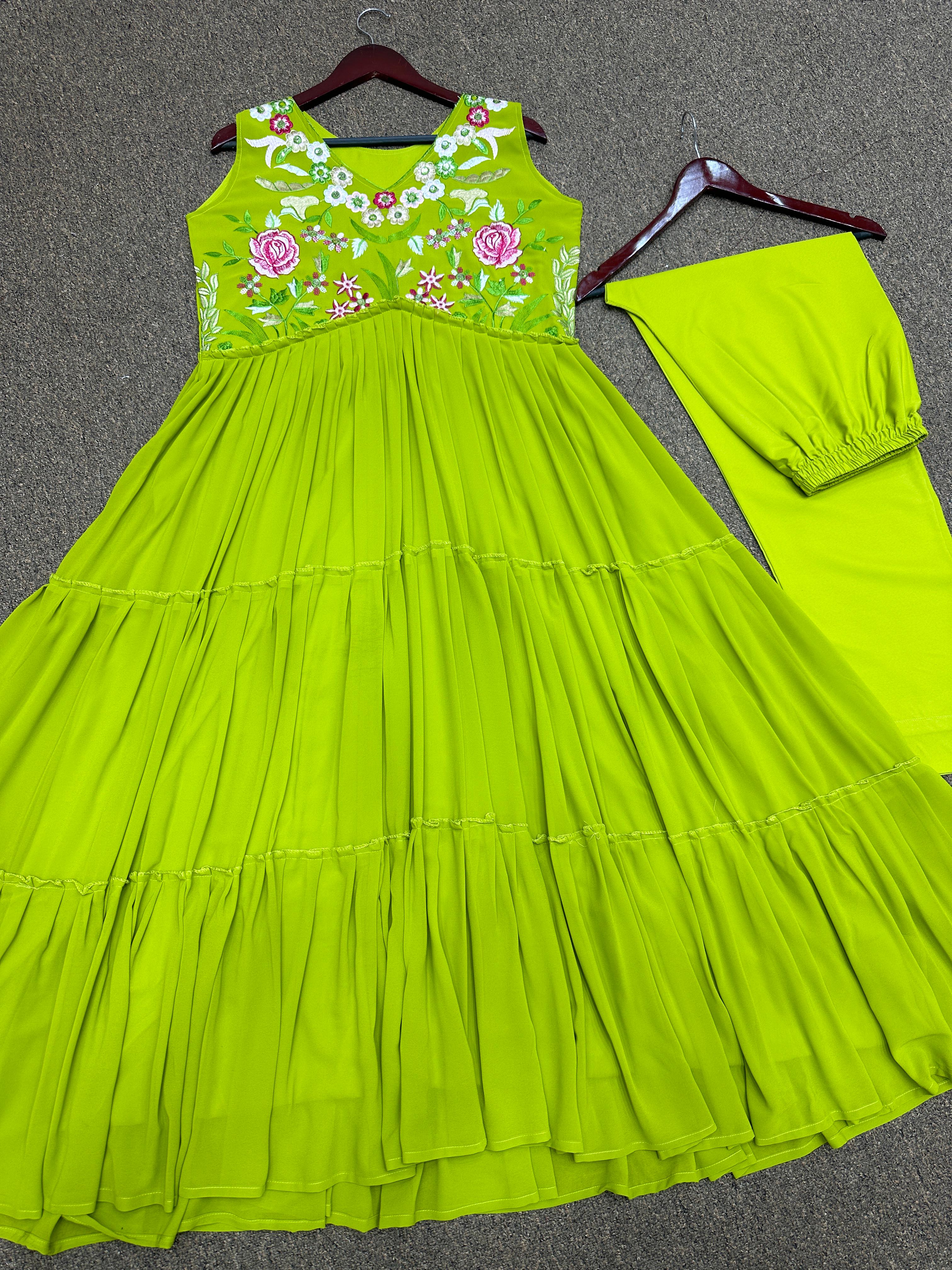 Graceful Parrot Green Color Ruffle Anarkali Suit