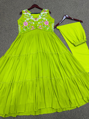 Graceful Parrot Green Color Ruffle Anarkali Suit