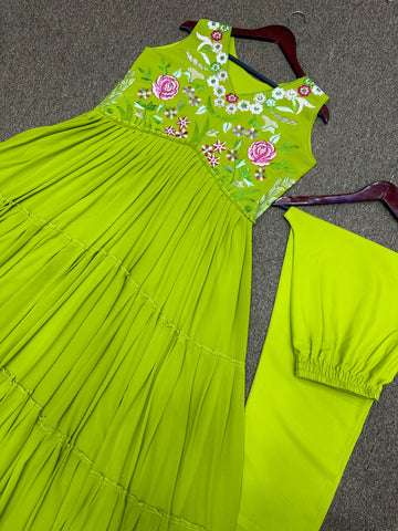 Graceful Parrot Green Color Ruffle Anarkali Suit