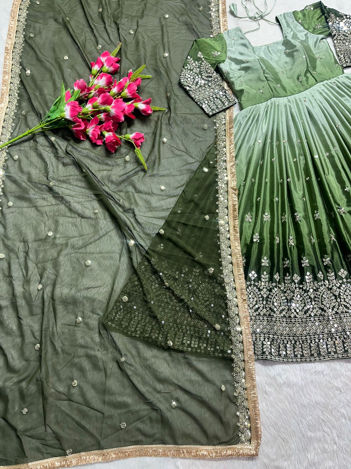 Exclusive Green Color Double Shade Anarkali Gown