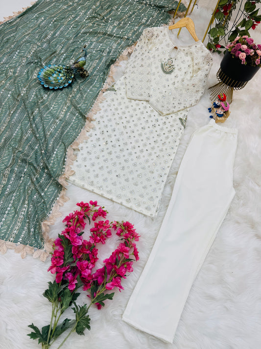 Wonderful Pista Color Thread Sequence Work Salwar Suit