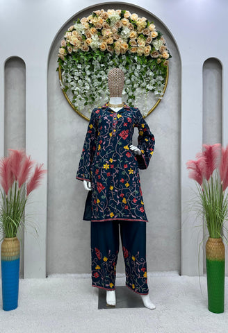 Fabulous Navy Blue Color Thread Chain Work Kurti With Pant