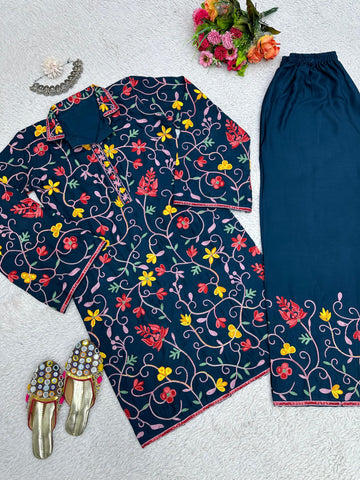 Fabulous Navy Blue Color Thread Chain Work Kurti With Pant