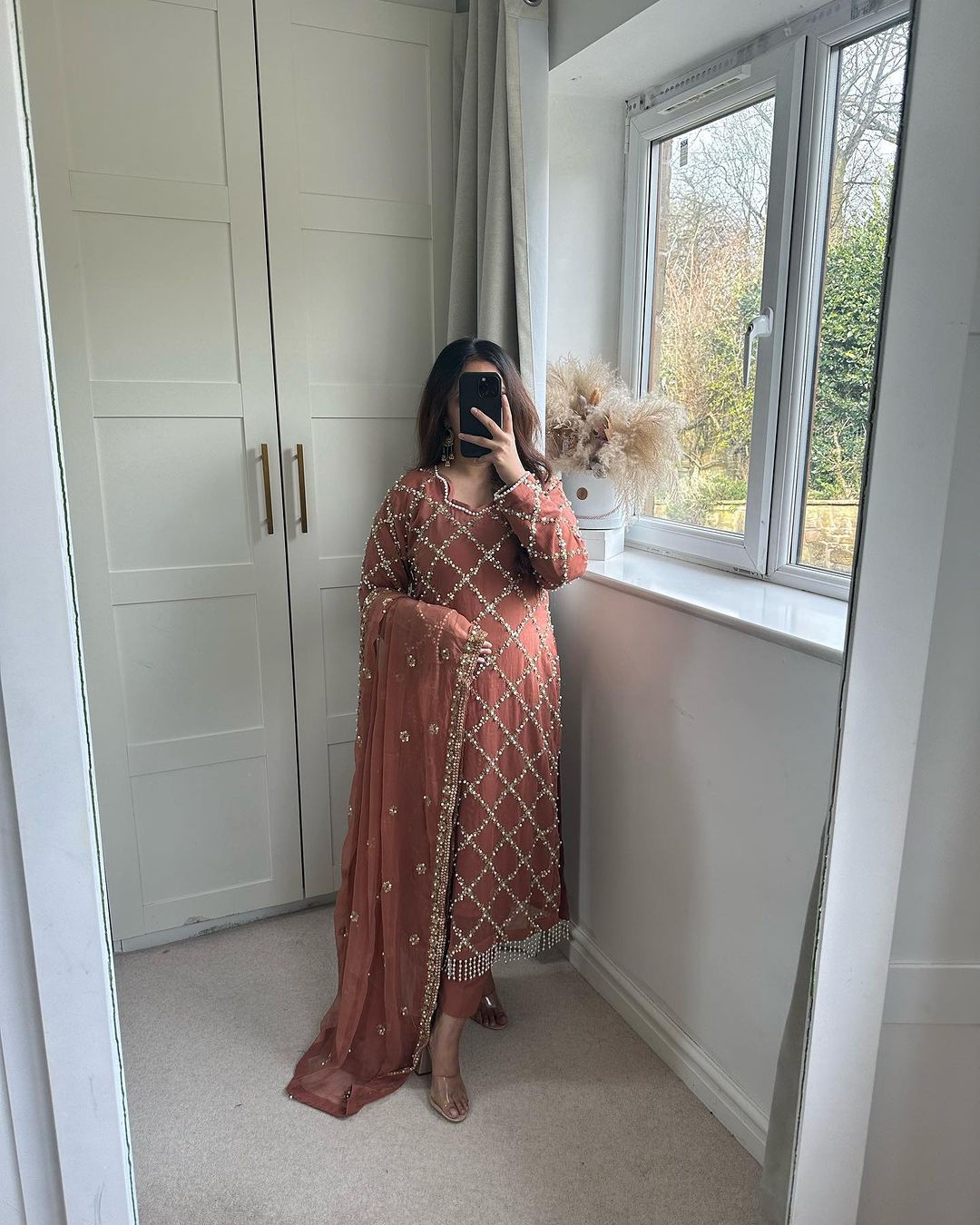 Innovative Work Peach Color Salwar Suit With Dupatta