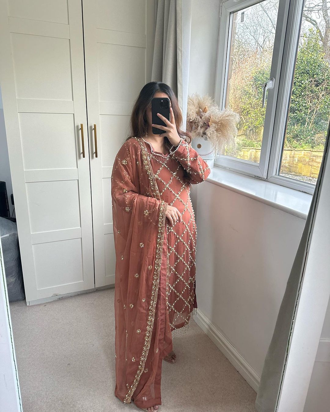 Innovative Work Peach Color Salwar Suit With Dupatta