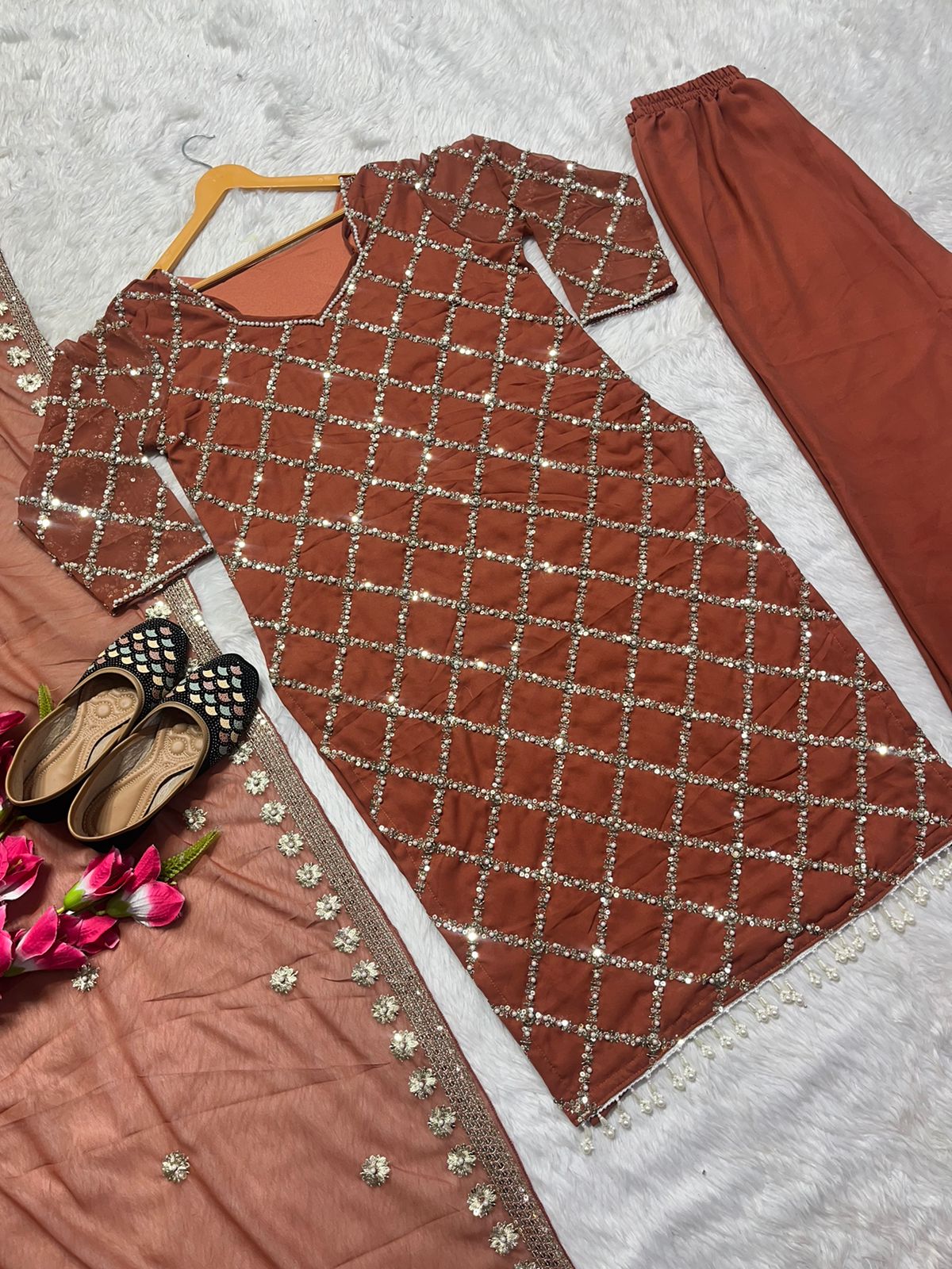 Innovative Work Peach Color Salwar Suit With Dupatta