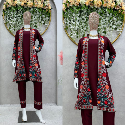 Festive Wear Maroon Color Chain-Stitch Work Shrug