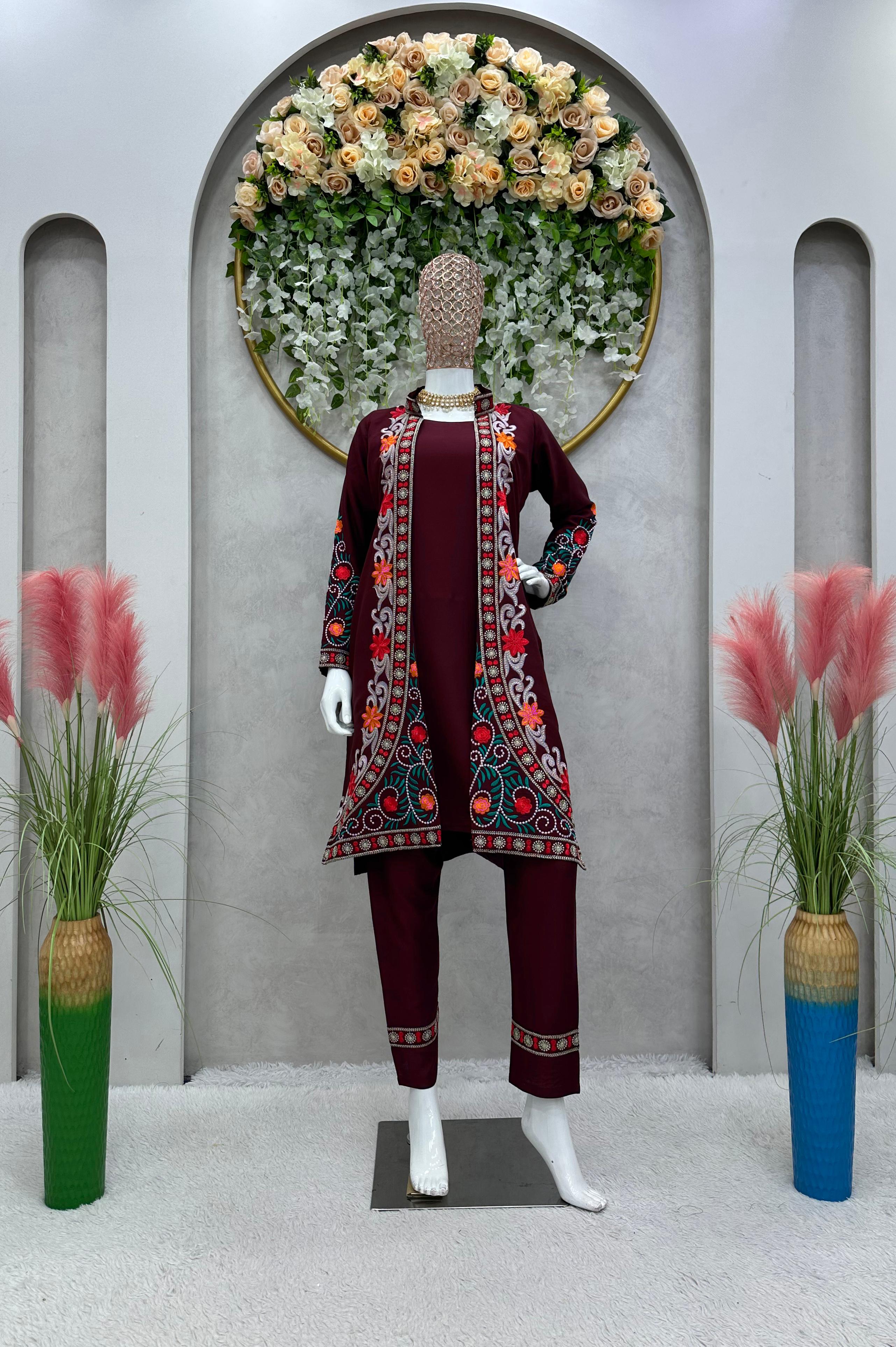 Festive Wear Maroon Color Chain-Stitch Work Shrug