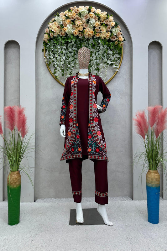 Festive Wear Maroon Color Chain-Stitch Work Shrug