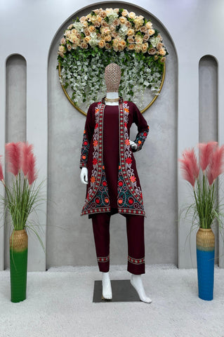 Festive Wear Maroon Color Chain-Stitch Work Shrug