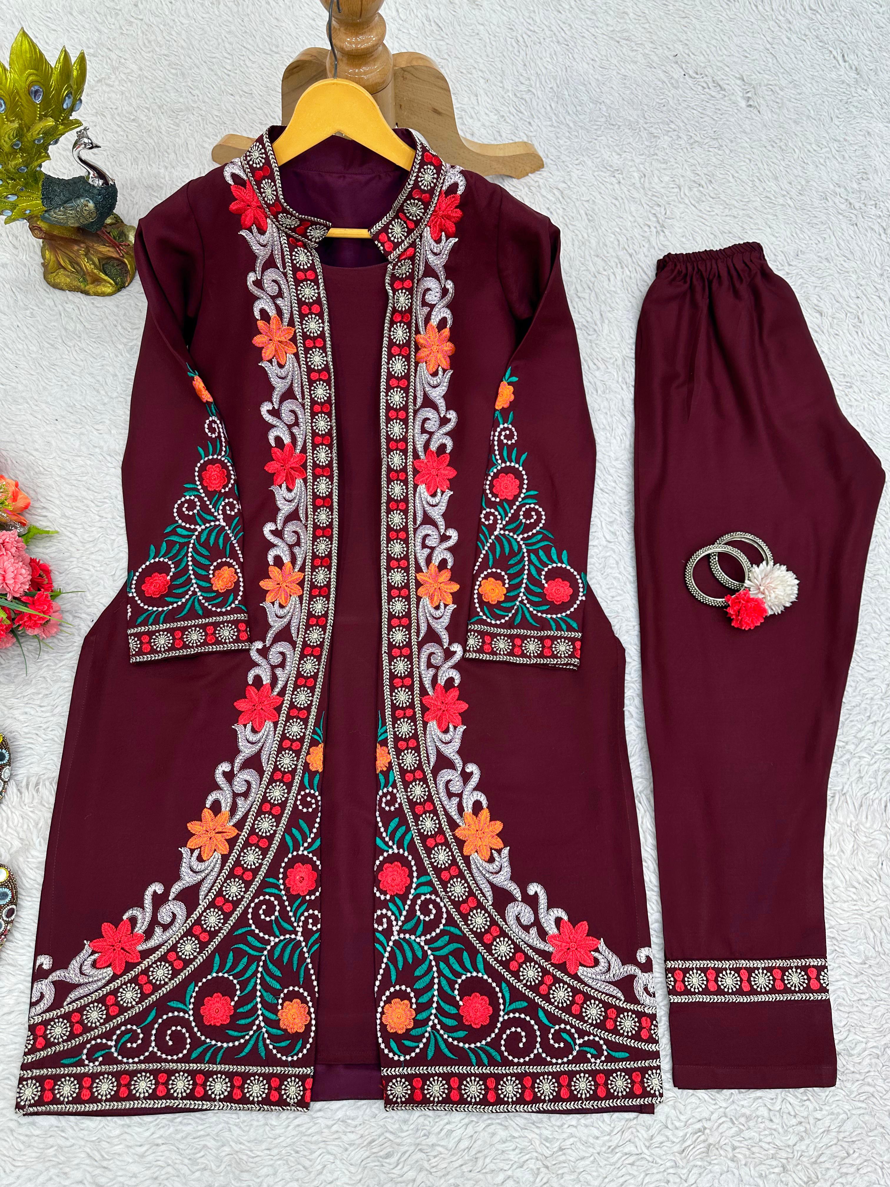Festive Wear Maroon Color Chain-Stitch Work Shrug