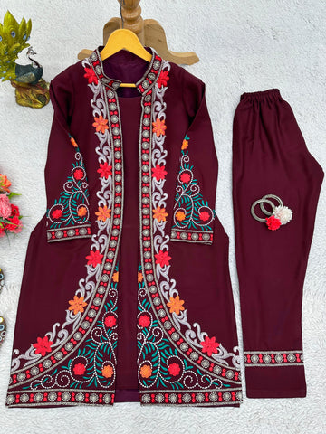 Festive Wear Maroon Color Chain-Stitch Work Shrug