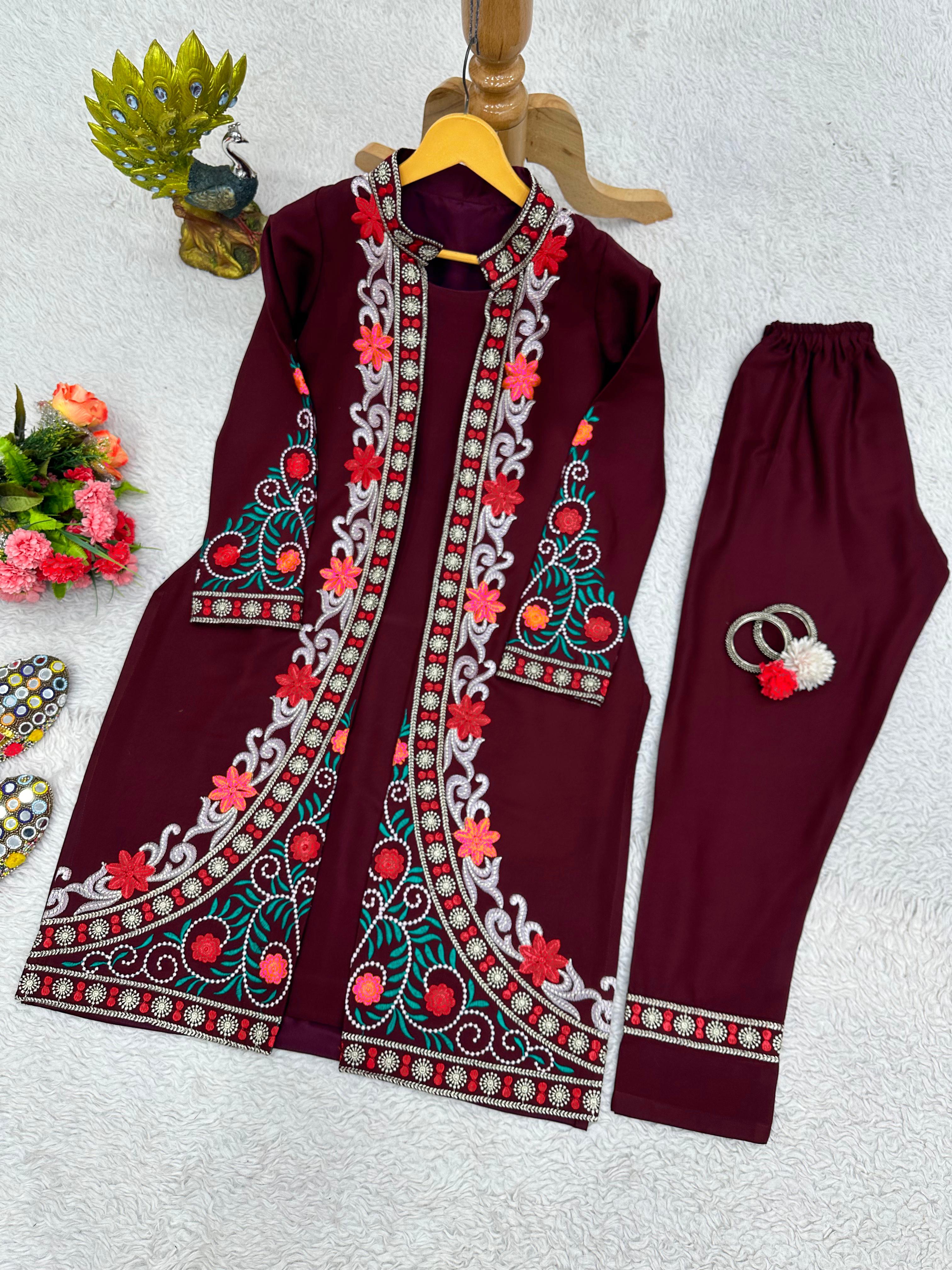 Festive Wear Maroon Color Chain-Stitch Work Shrug