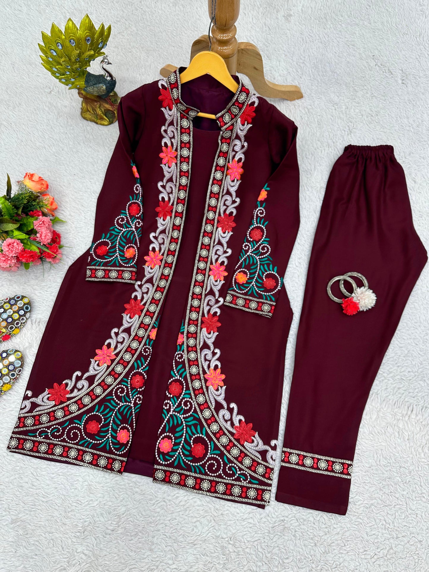 Festive Wear Maroon Color Chain-Stitch Work Shrug