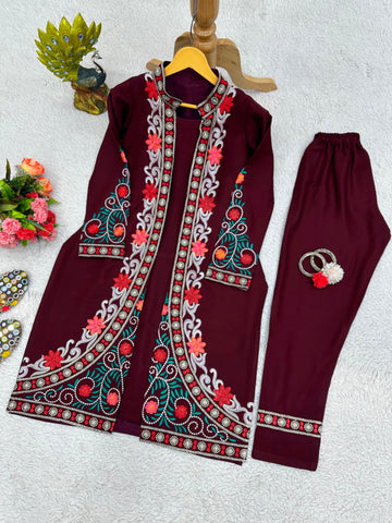 Festive Wear Maroon Color Chain-Stitch Work Shrug
