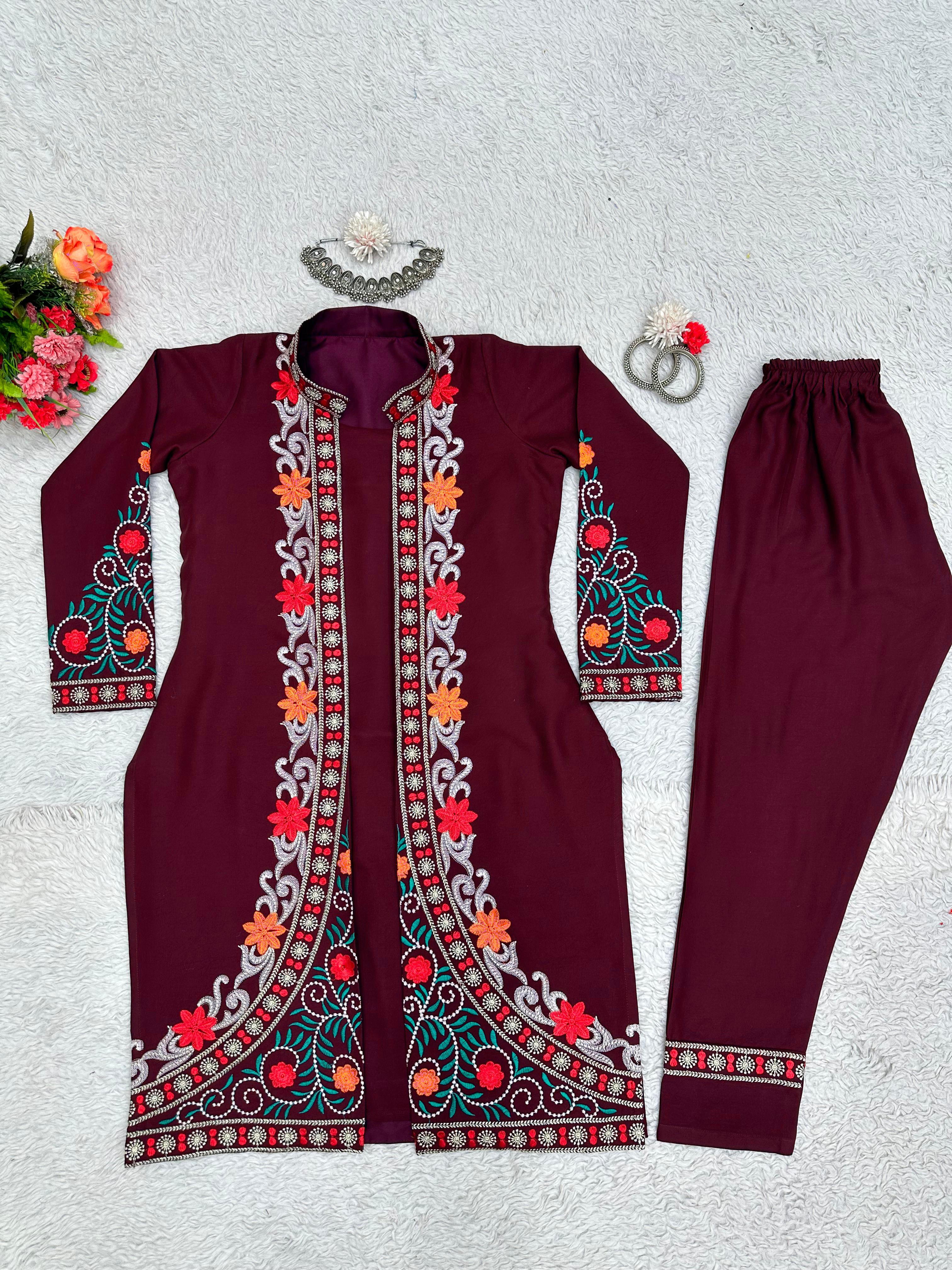 Festive Wear Maroon Color Chain-Stitch Work Shrug