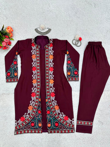 Festive Wear Maroon Color Chain-Stitch Work Shrug