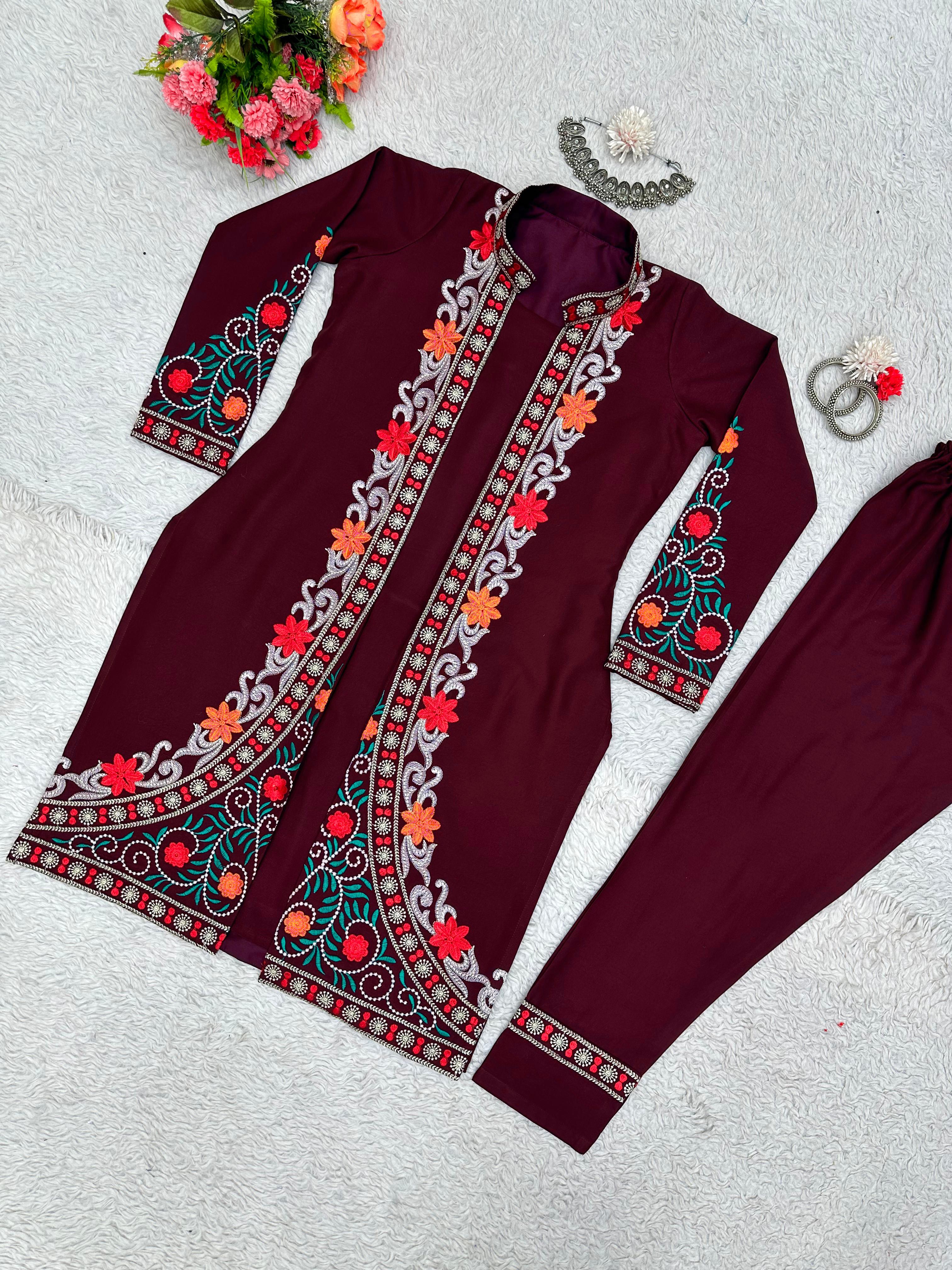 Festive Wear Maroon Color Chain-Stitch Work Shrug