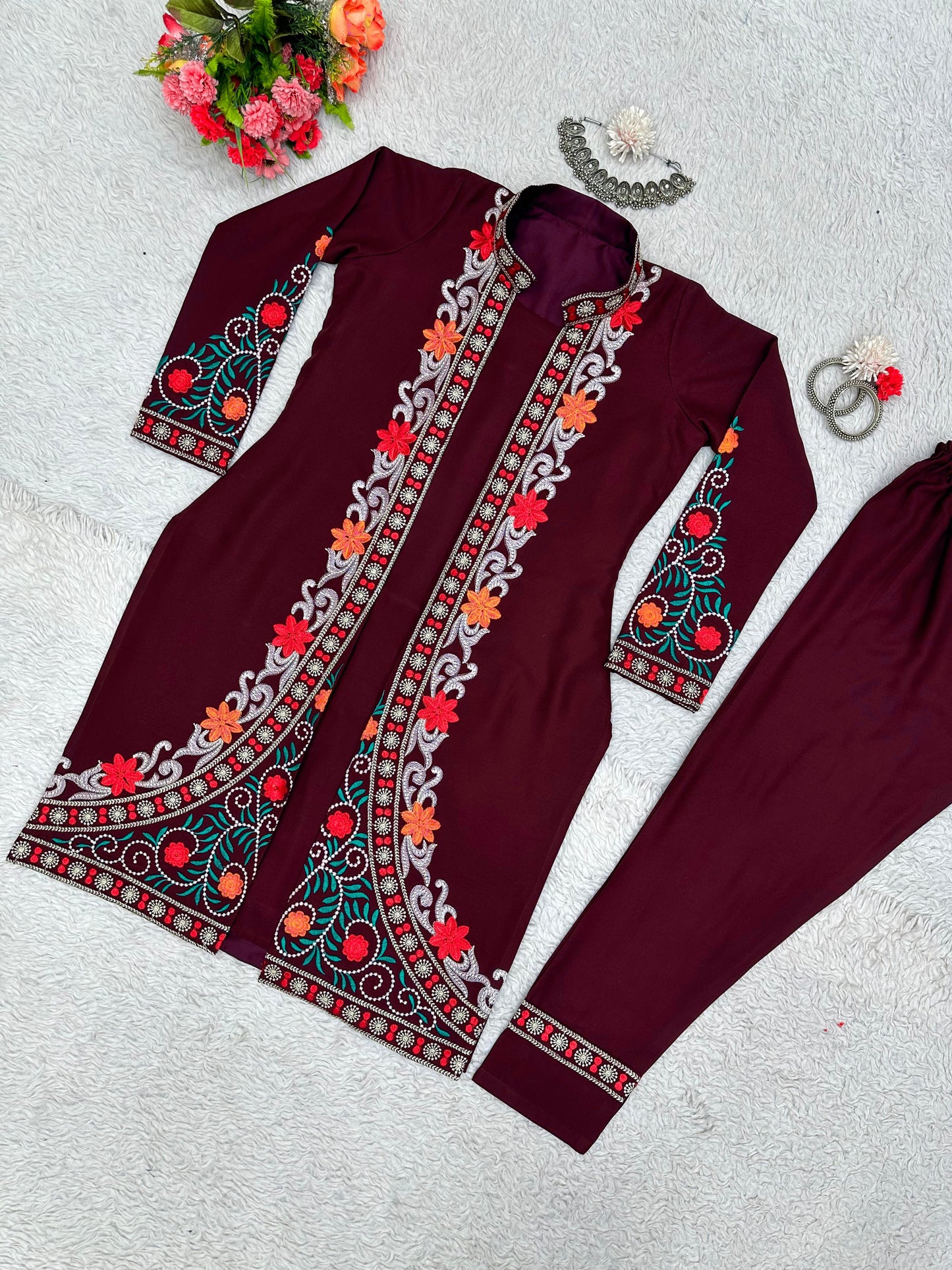 Festive Wear Maroon Color Chain-Stitch Work Shrug