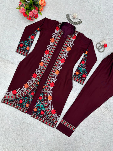 Festive Wear Maroon Color Chain-Stitch Work Shrug