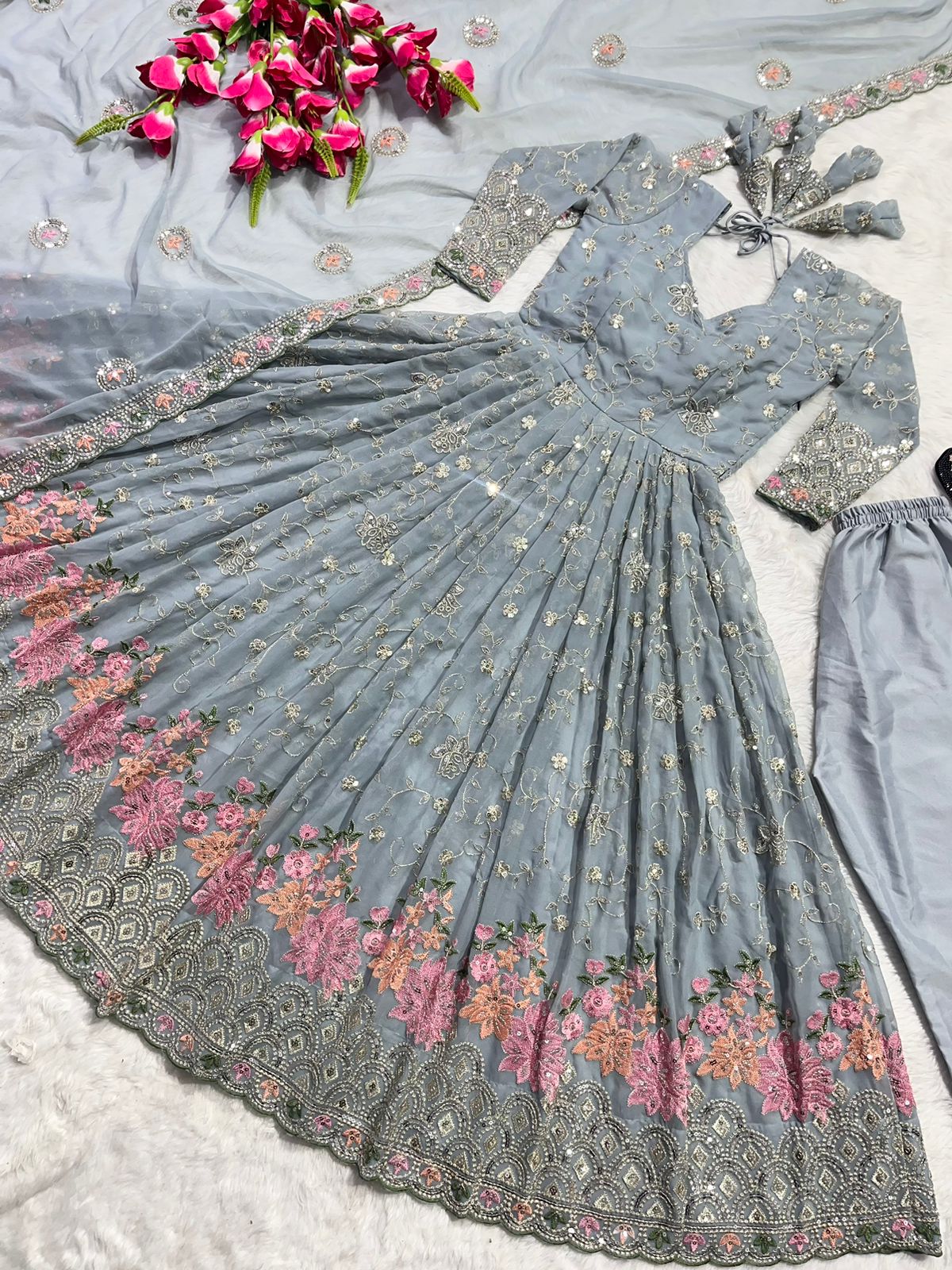 Glorious Embroidery Work Grey Color Anarkali Suit