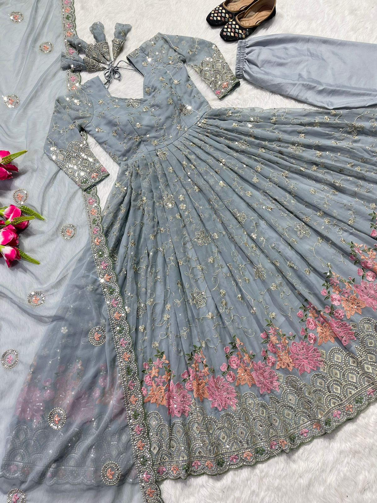 Glorious Embroidery Work Grey Color Anarkali Suit