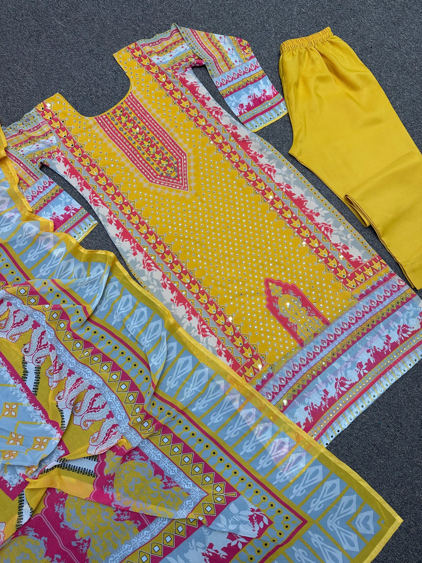 Decent Yellow Color Mirror And Stone Hand Work Salwar Suit