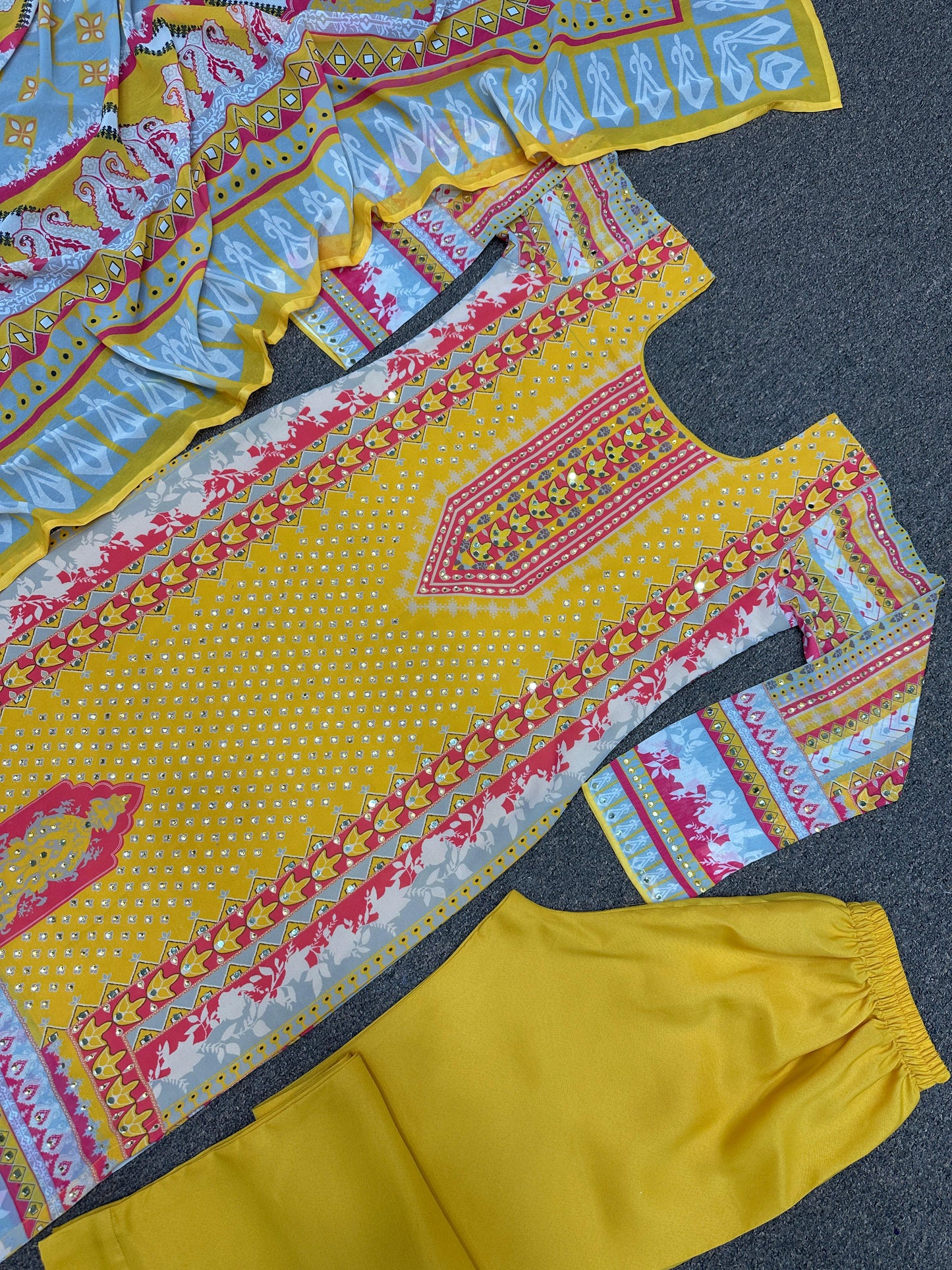 Decent Yellow Color Mirror And Stone Hand Work Salwar Suit
