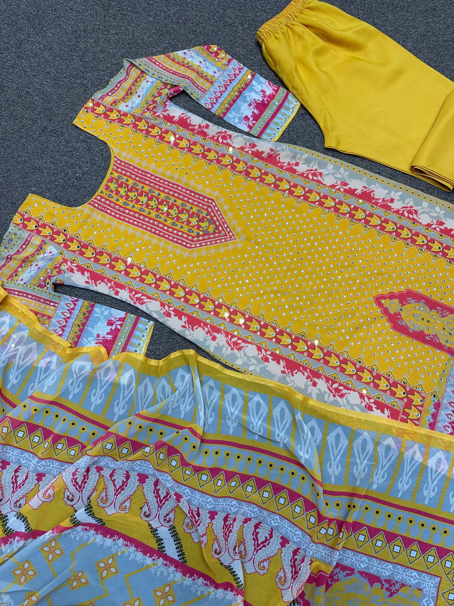 Decent Yellow Color Mirror And Stone Hand Work Salwar Suit