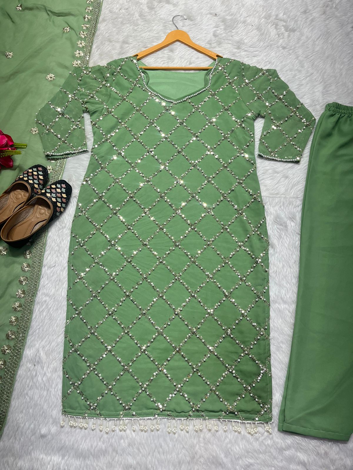 Innovative Work Pista Green Salwar Suit With Dupatta