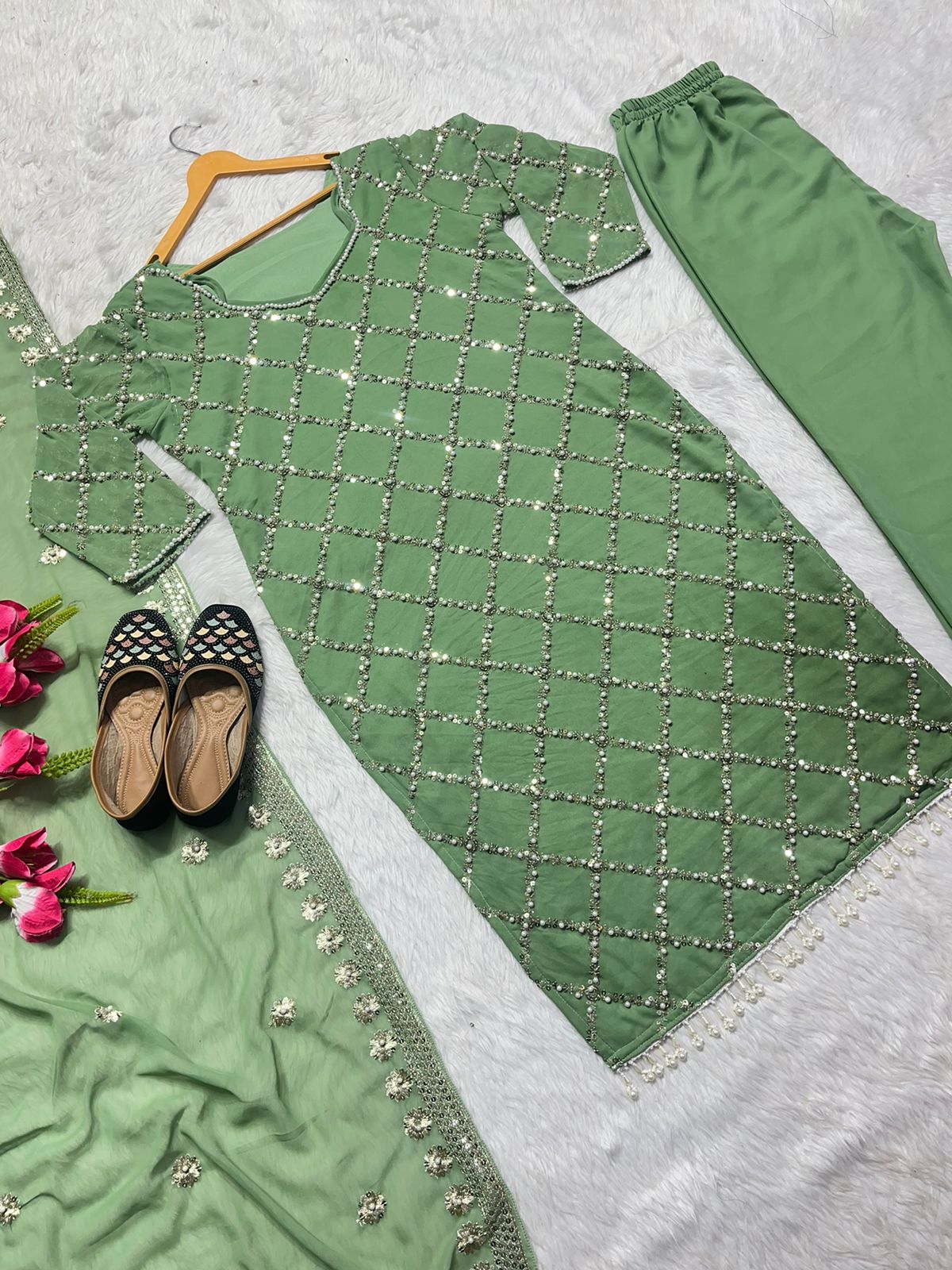 Innovative Work Pista Green Salwar Suit With Dupatta