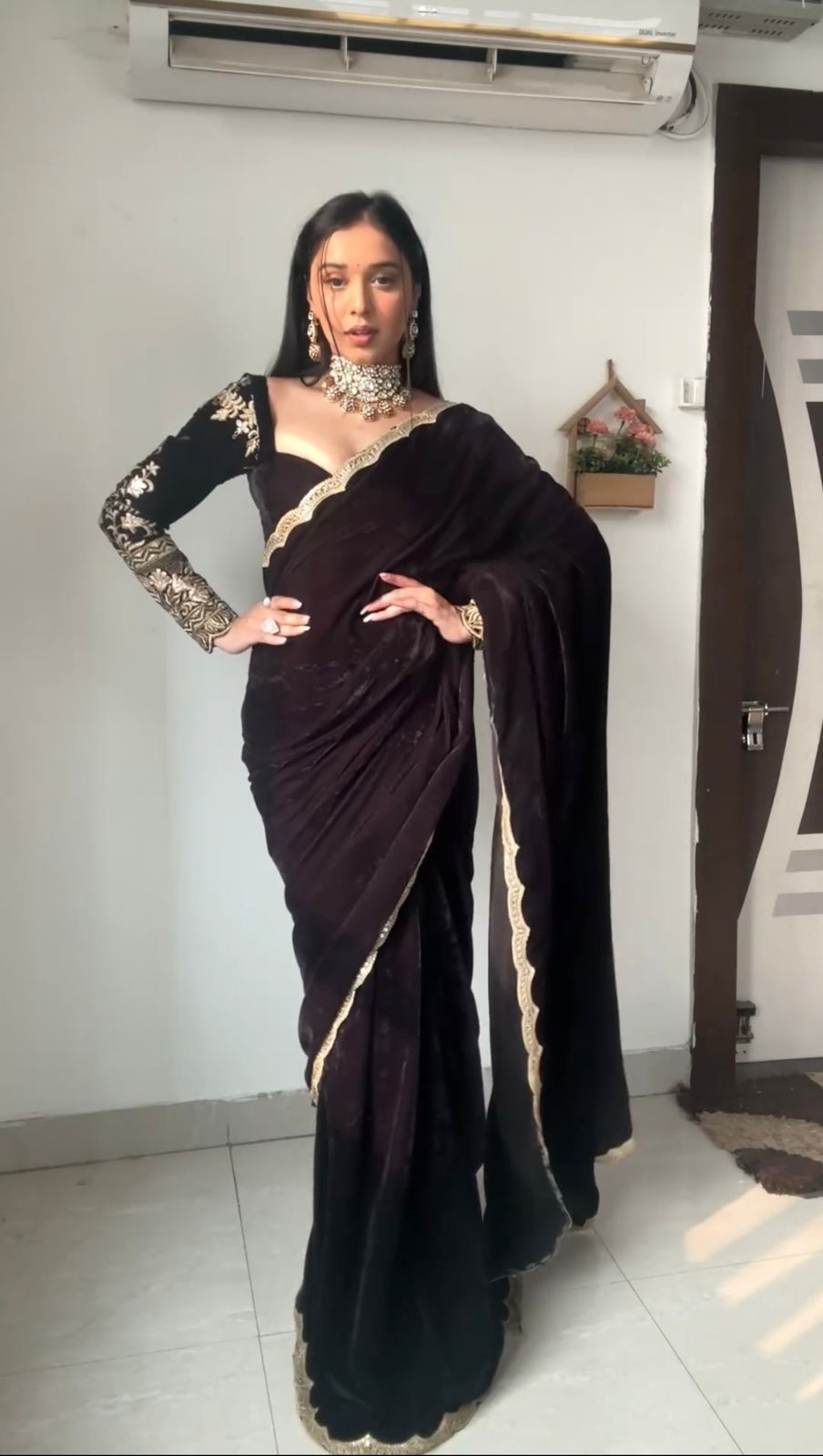 Awesome Black Color Ready To Wear Velvet Saree