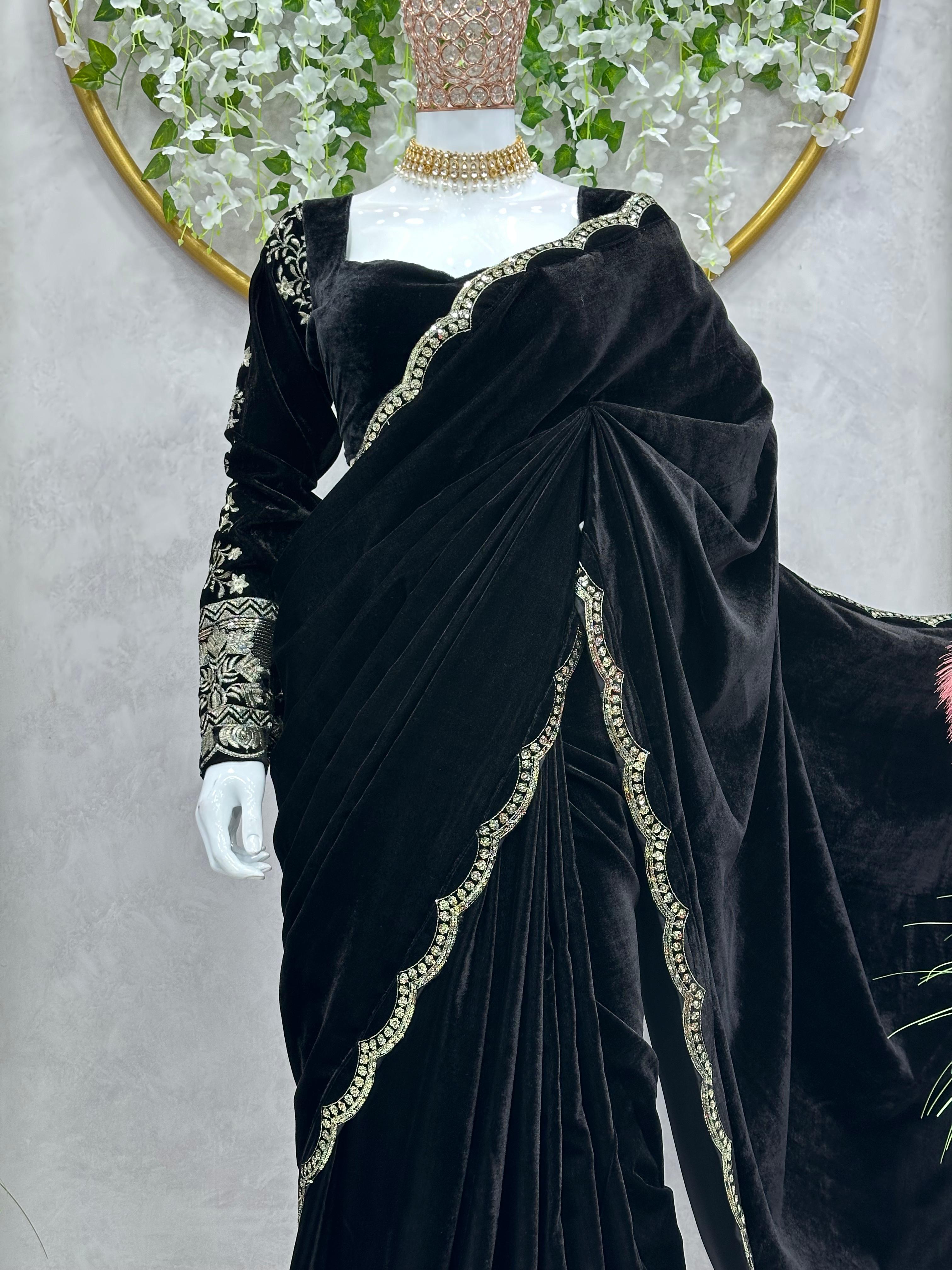 Awesome Black Color Ready To Wear Velvet Saree