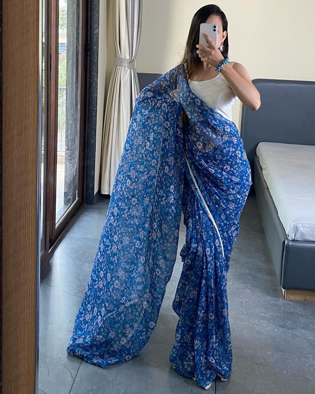 Little Flower Design Ready To Wear  Blue Color Saree