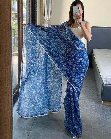 Little Flower Design Ready To Wear  Blue Color Saree