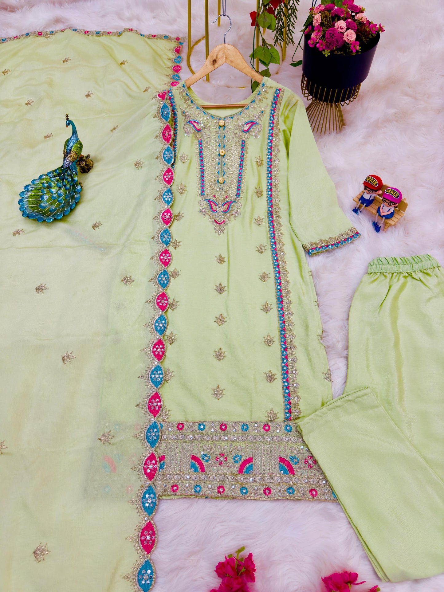 Opulent Pista Color Coding Embroidery Work Salwar Suit