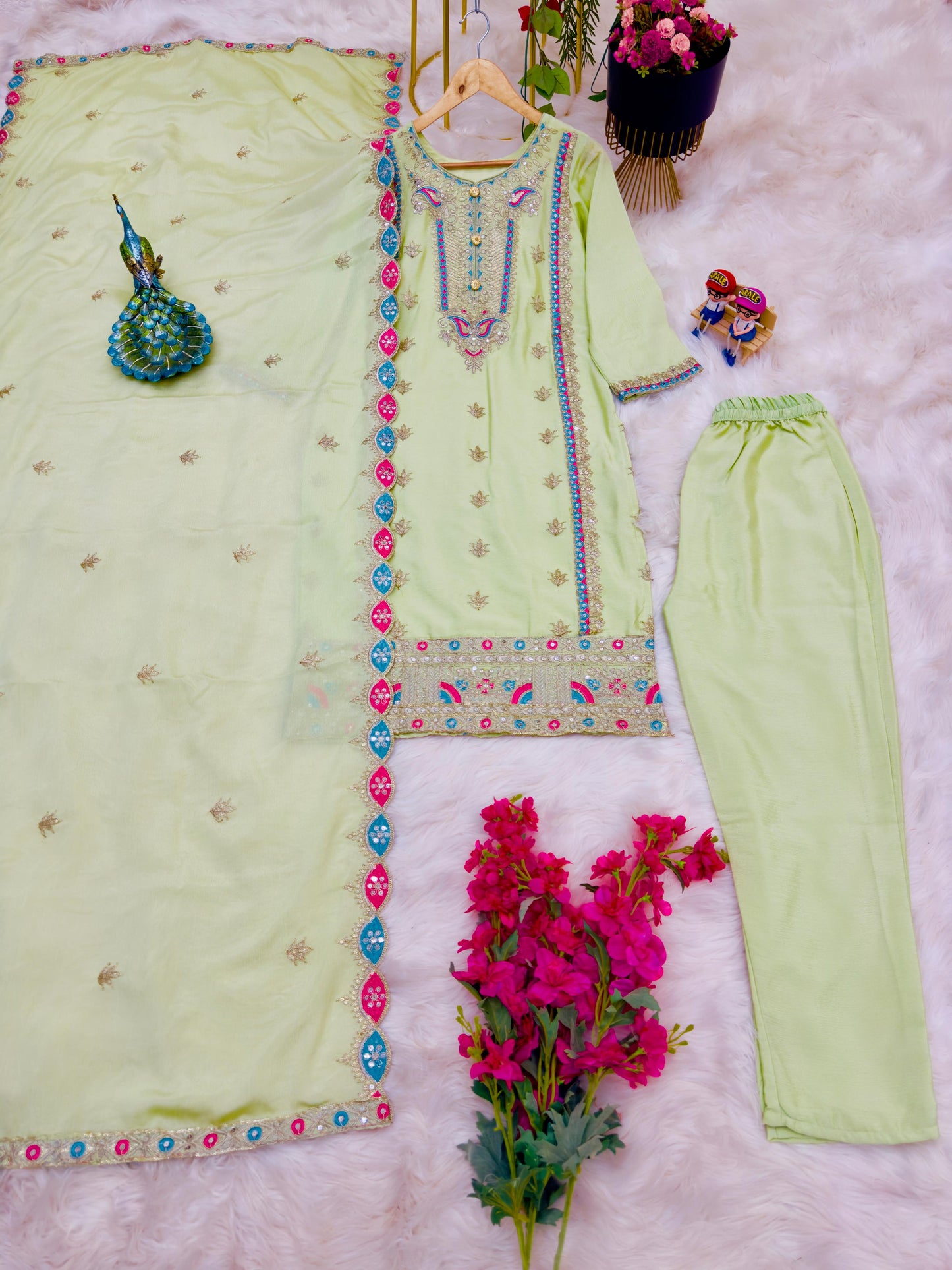 Opulent Pista Color Coding Embroidery Work Salwar Suit