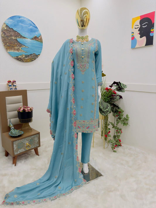 Opulent Sky Blue Color Coding Embroidery Work Salwar Suit
