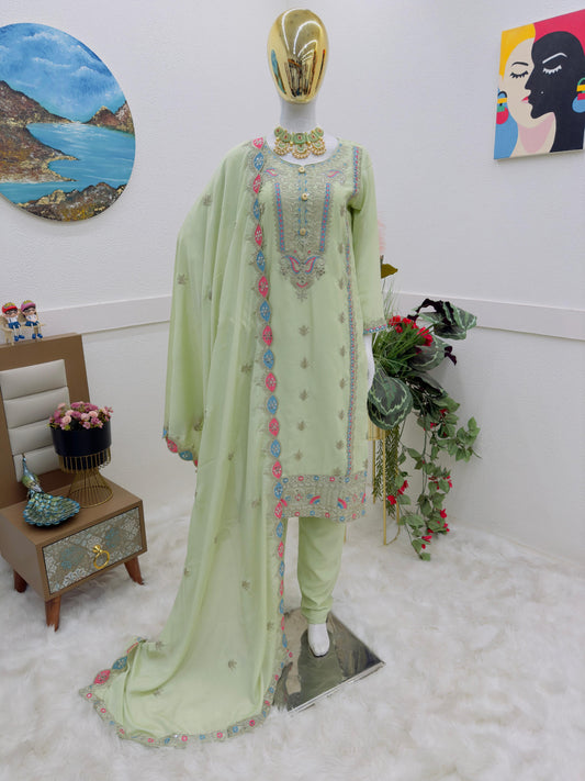 Opulent Pista Color Coding Embroidery Work Salwar Suit