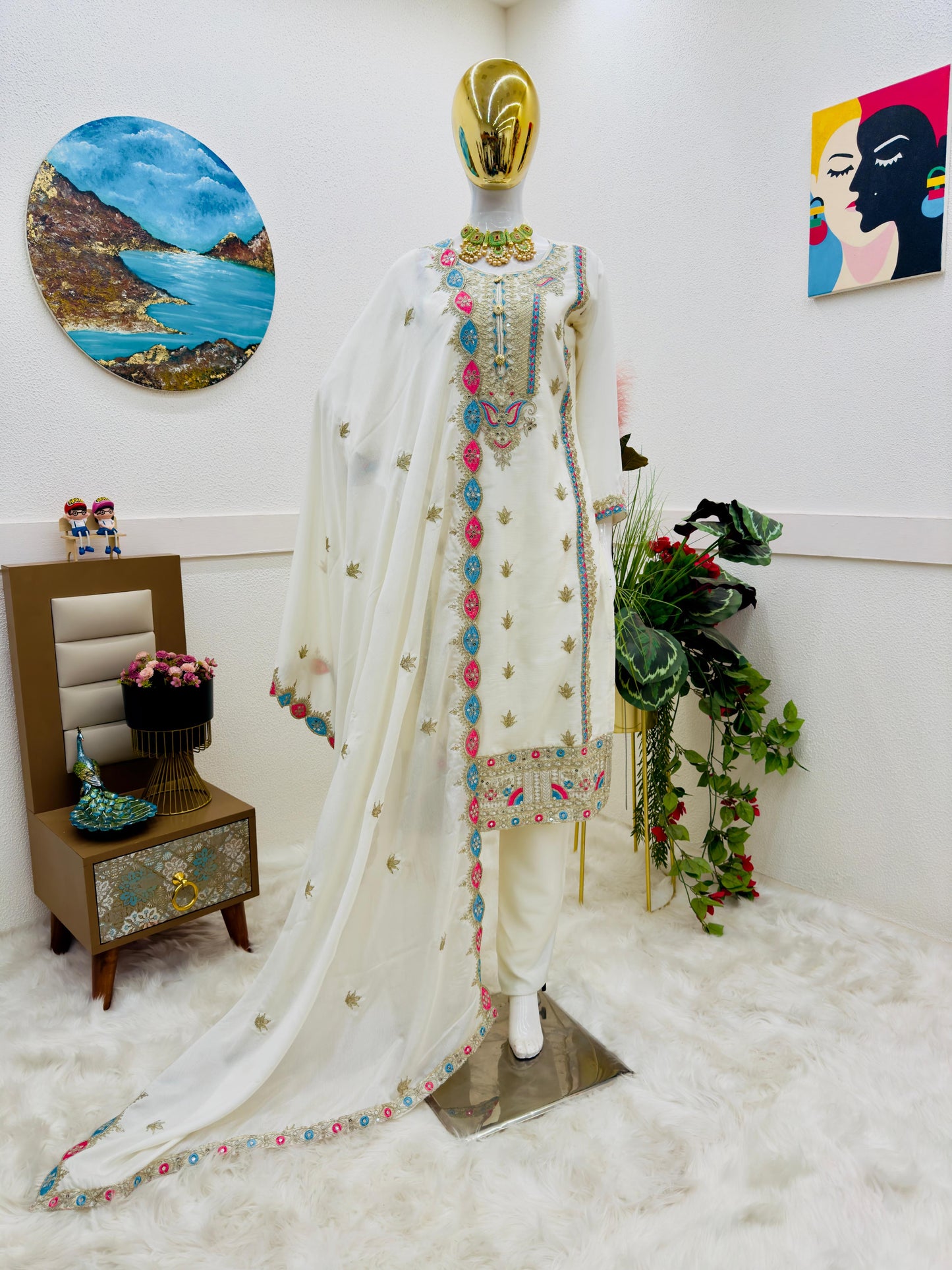 Opulent White Color Coding Embroidery Work Salwar Suit