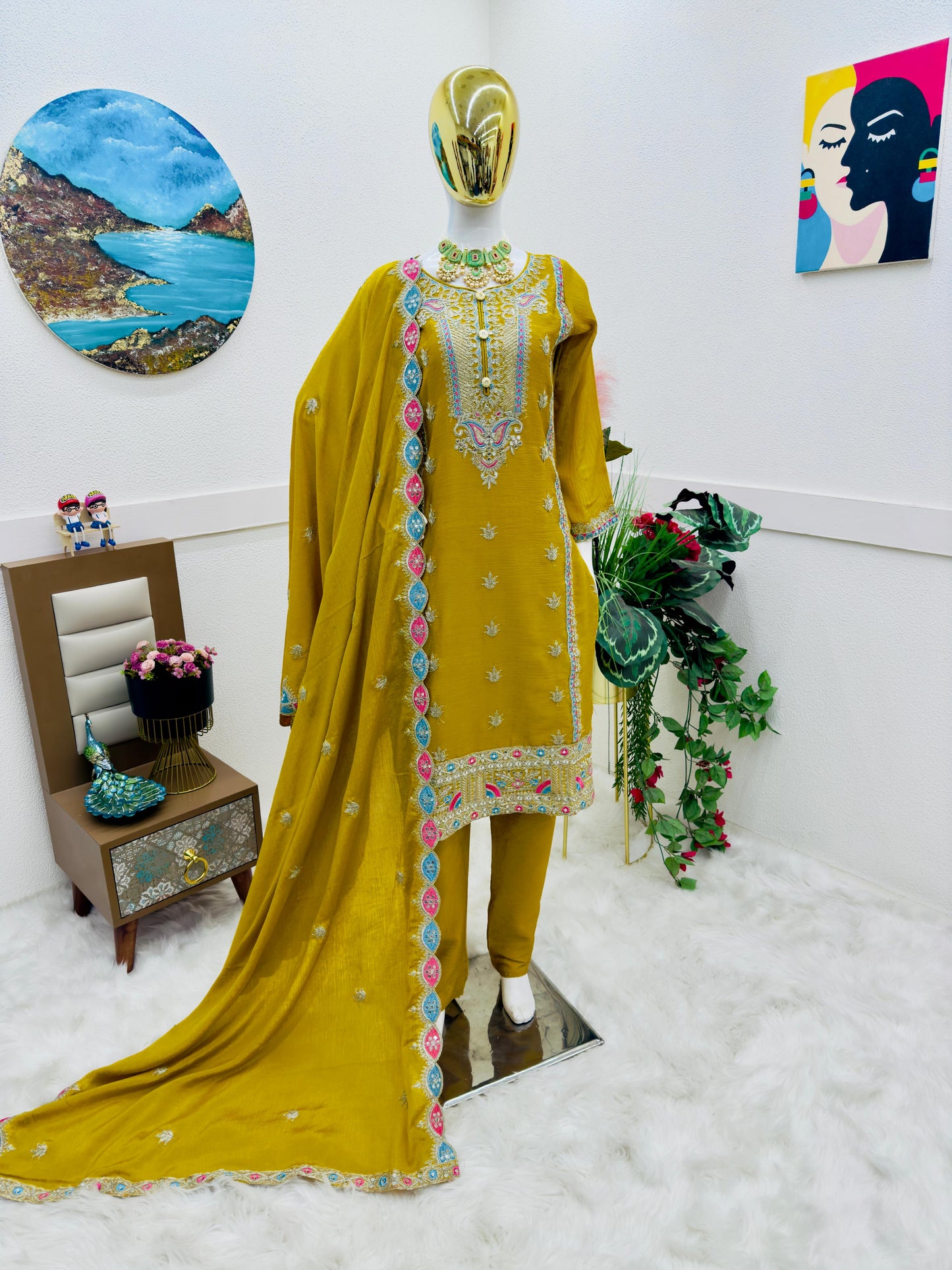 Opulent Mustard Color Coding Embroidery Work Salwar Suit