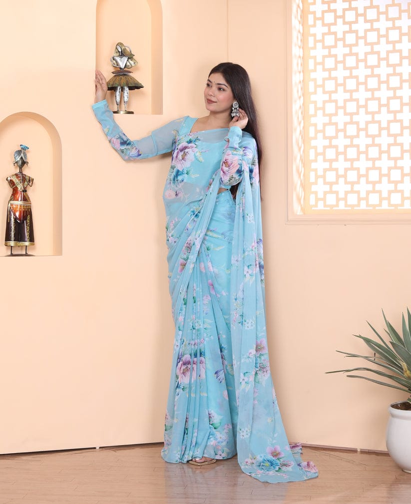 Flower Design Sky Blue Color Ready To Wear Saree