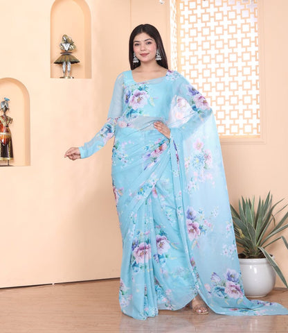 Flower Design Sky Blue Color Ready To Wear Saree