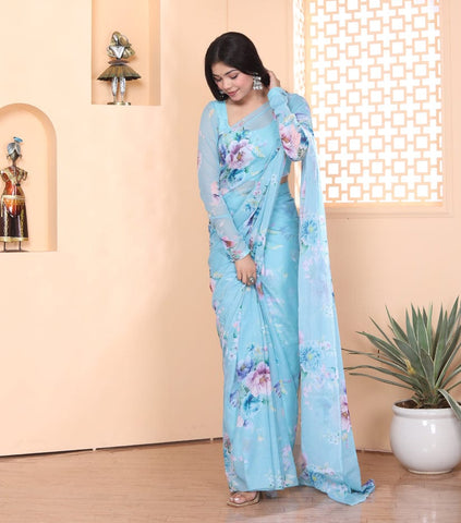 Flower Design Sky Blue Color Ready To Wear Saree