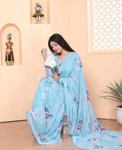 Flower Design Sky Blue Color Ready To Wear Saree