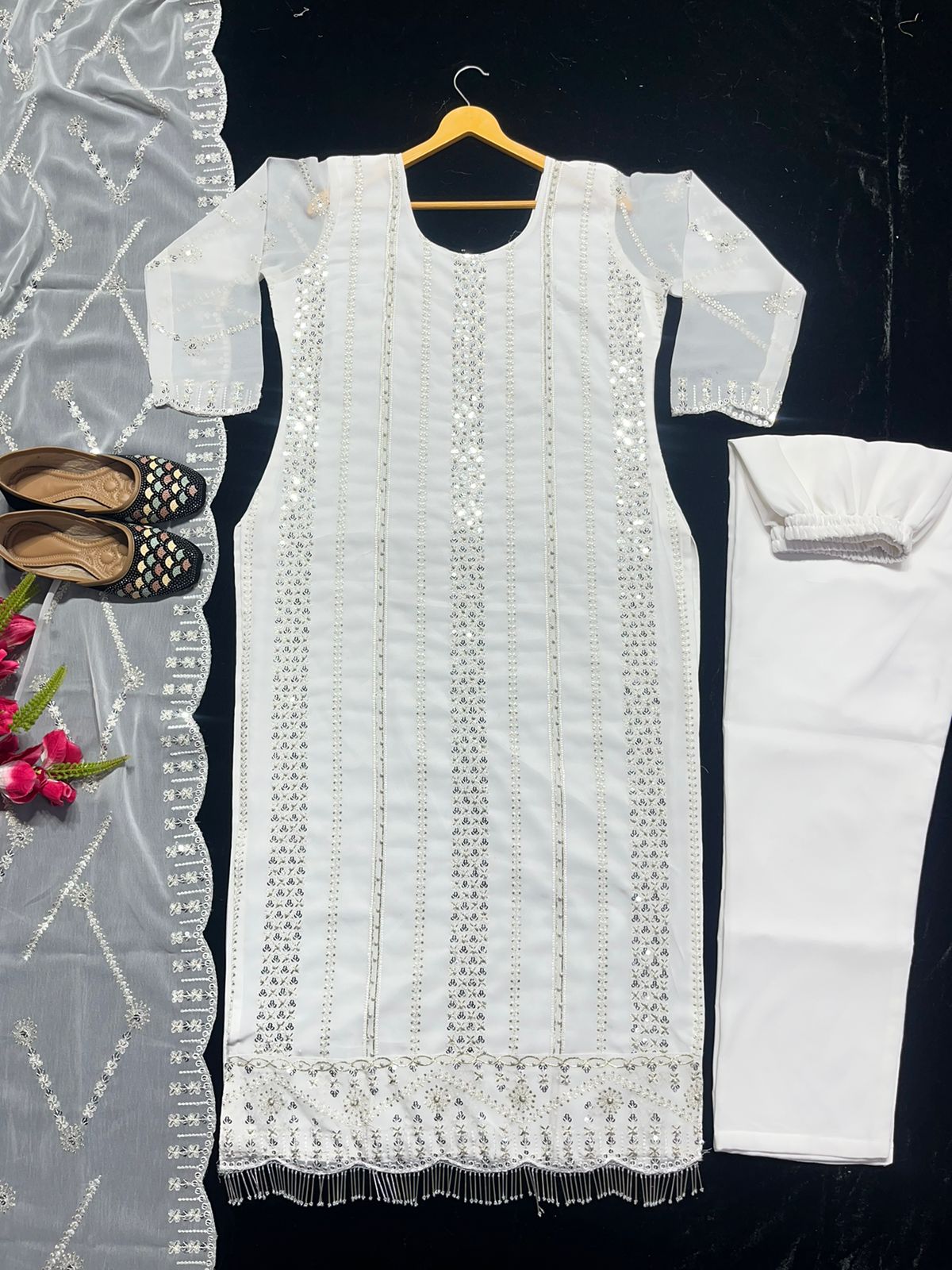 Fabulous Embroidery Sequence White Color Salwar Suit