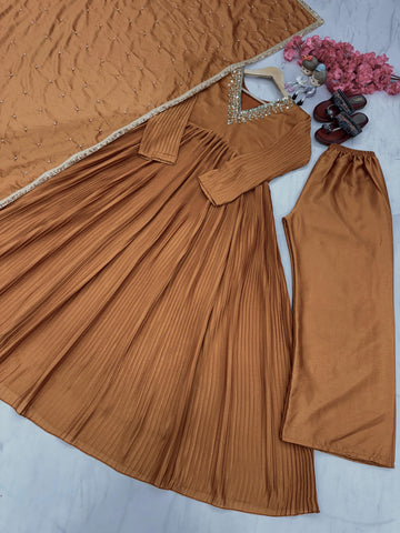 Stunning Light Brown Color Crushed Anarkali Suit