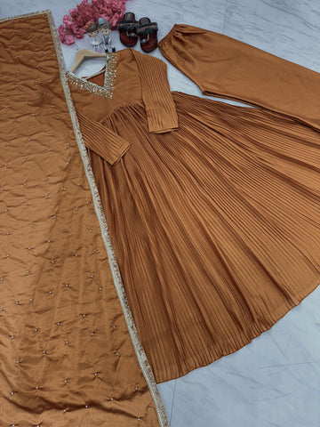 Stunning Light Brown Color Crushed Anarkali Suit