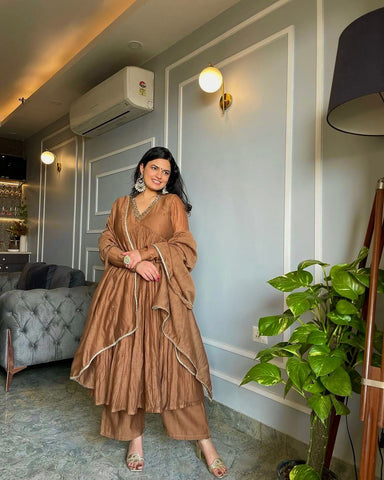 Stunning Light Brown Color Crushed Anarkali Suit